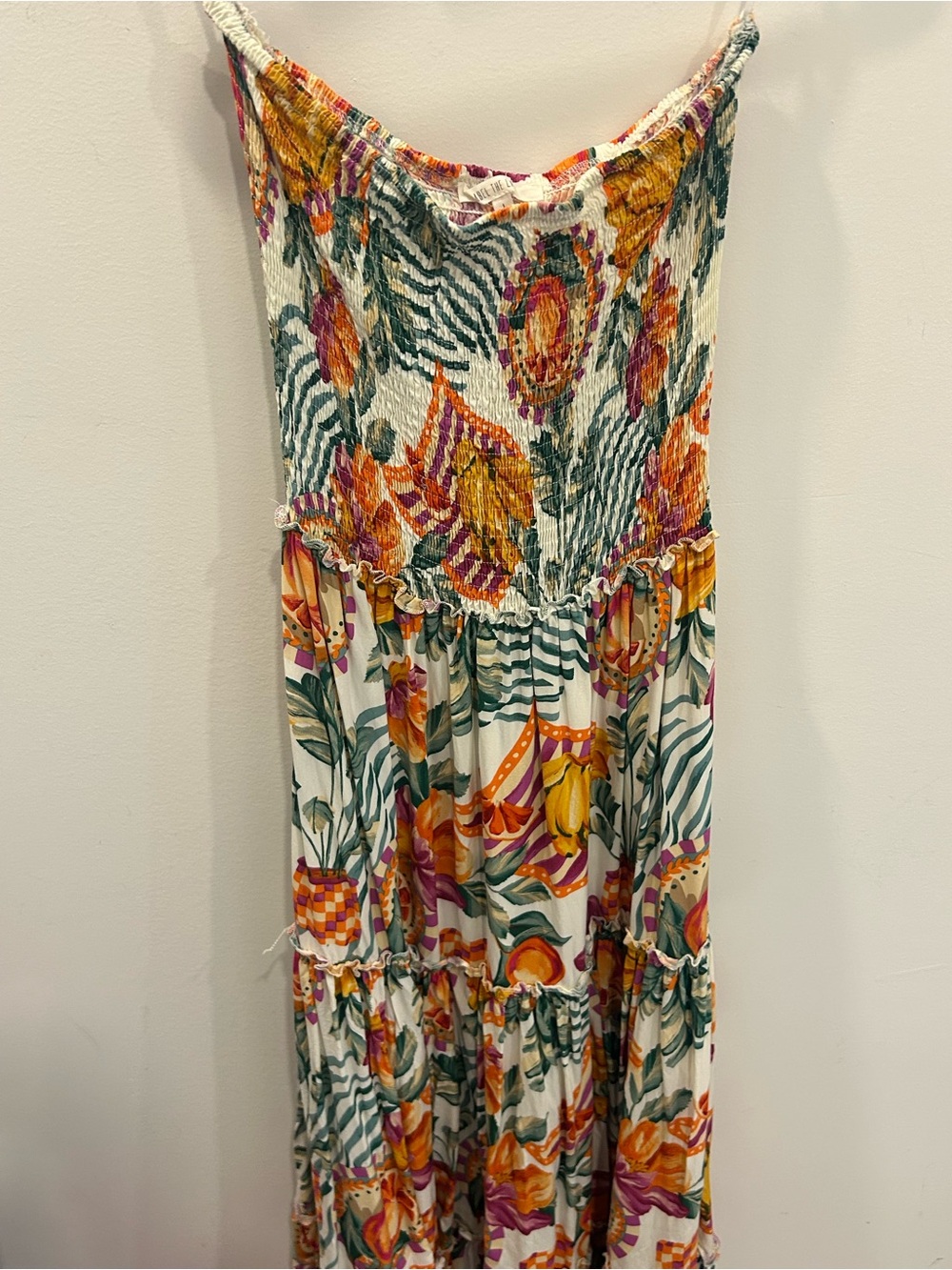 Smocked Floral Maxi Dress in White, Green & Orange